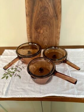 VTG CORNING VISION Pyrex Amber Cookware 6 Piece Set 2 Pots & 7” Fry Pan Textured